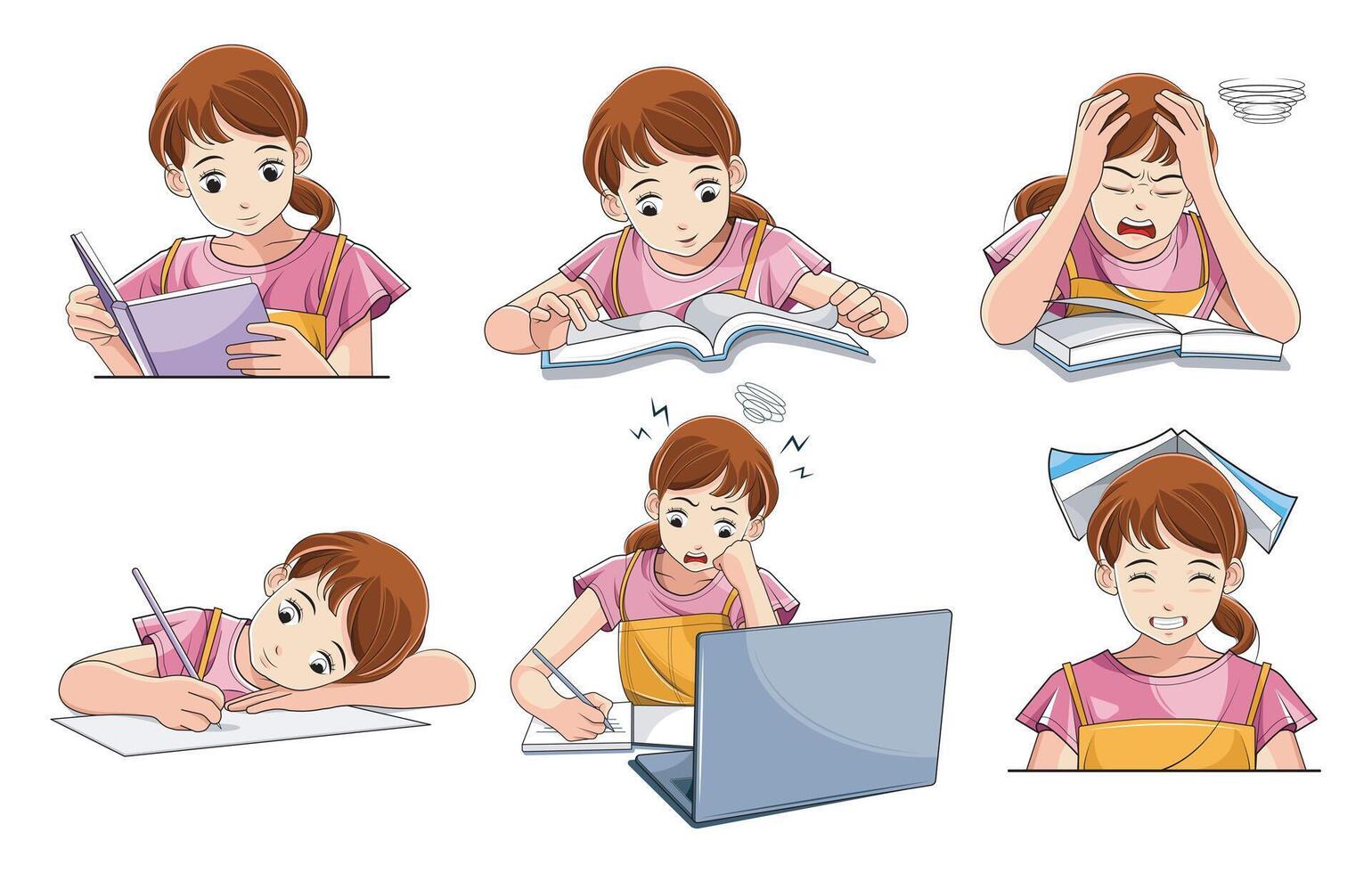 Education concept illustrations. Set of kid girl vector illustrations in various activities of education