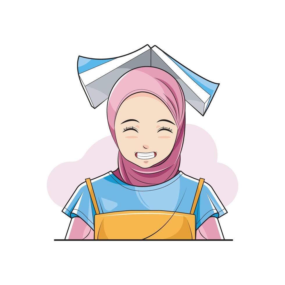 Education Concept. a little girl in hijab who is happy with her book. Vector illustration