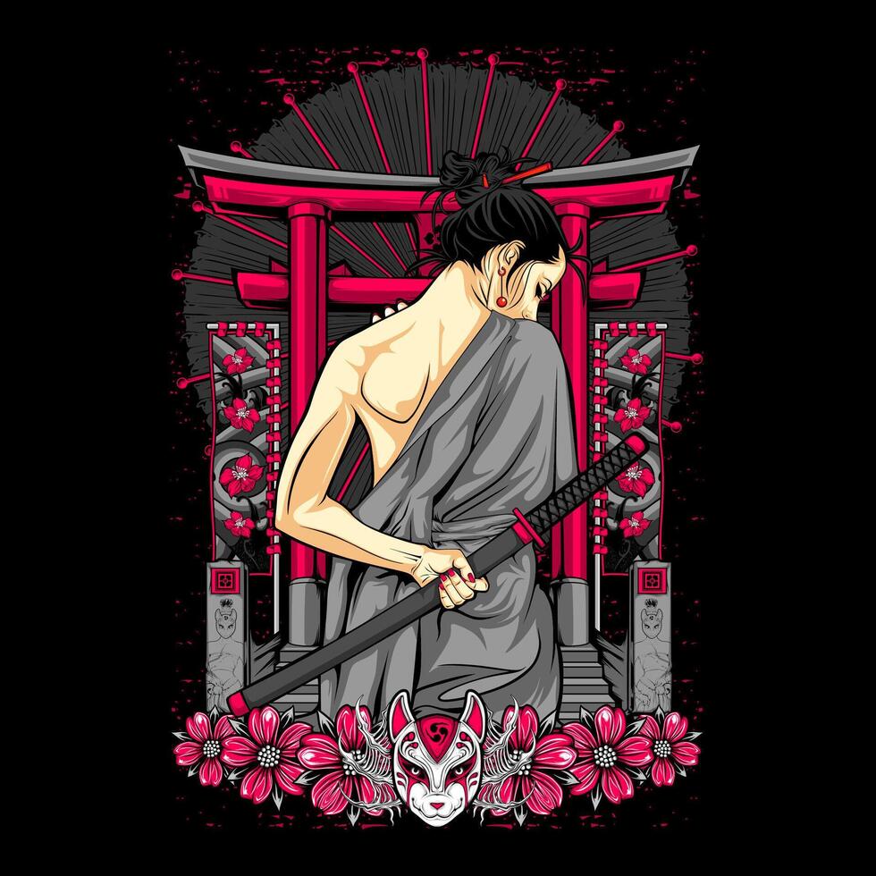 samurai girl illustration vector
