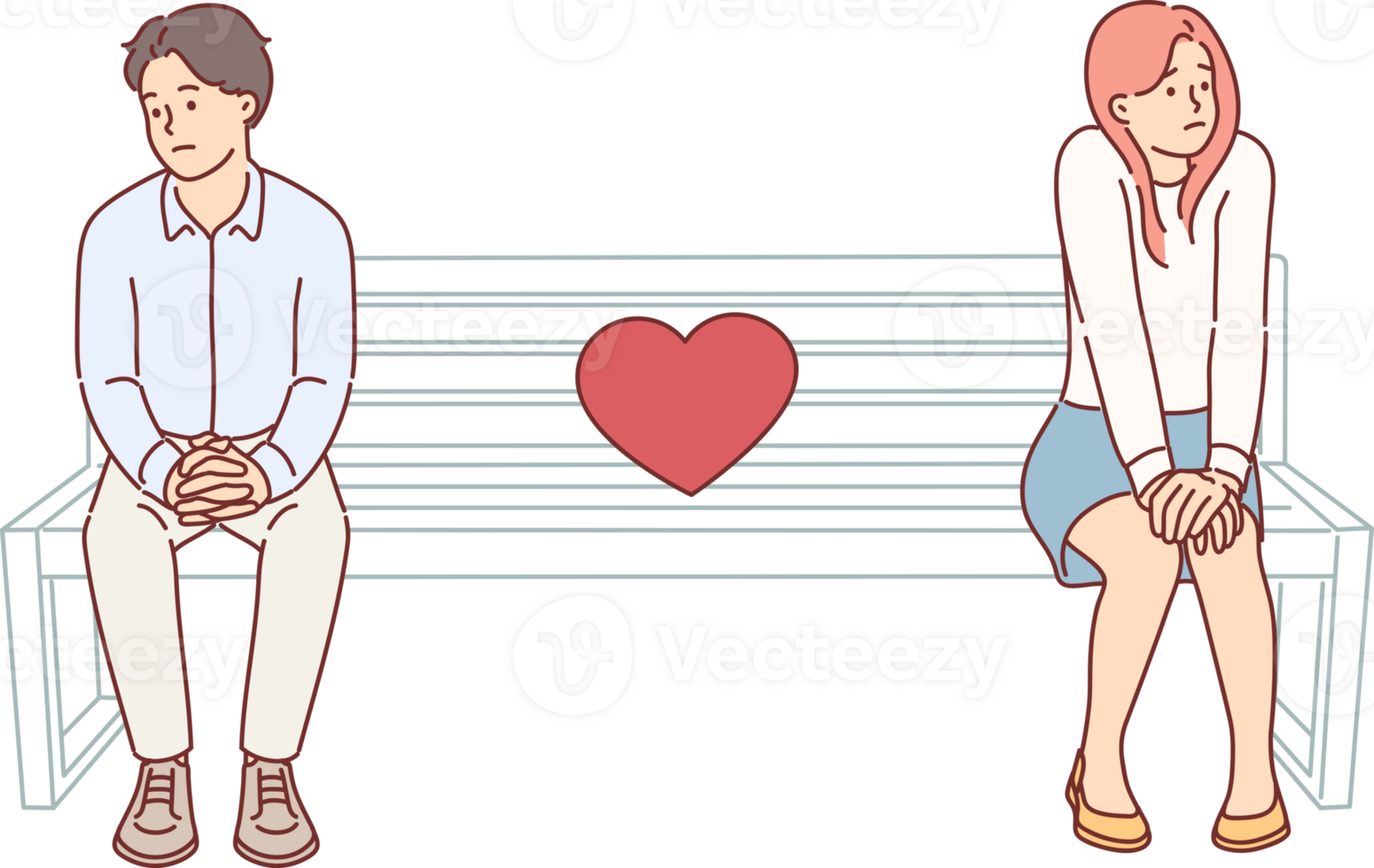 Shy couple on first date, sitting on park bench and feeling awkward due to lack common interests. Quarreling shy husband and wife look in different directions, embarrassed to apologize or confess love png