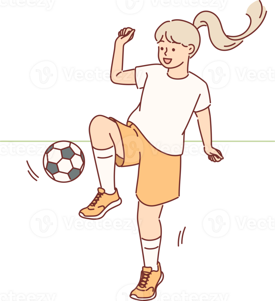 liten flicka spelar fotboll med boll under utomhus- Träning session, framställning för skola turnering. barn drömmar av passande professionell fotboll spelare och spelar i internationell mästerskap. png