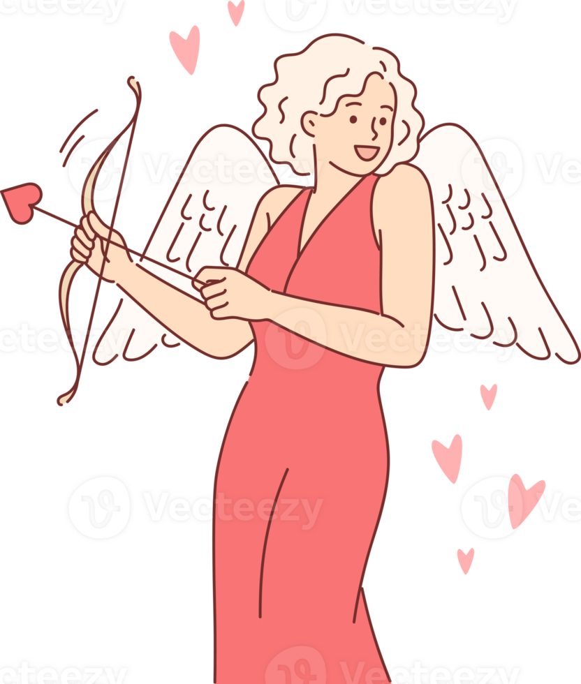 Cupid woman dressed up with wings for valentine day, uses with arrow and bow to seduce boyfriend. Cupid girl in evening dress smiles and looks around in search of groom for romantic relationship png