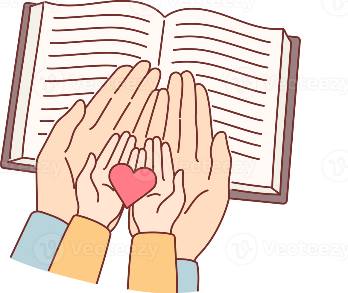Hands of child and mother over bible with christian prayers, as metaphor for religious education for children. Caring parent reads bible with son and holds heart symbolizing kindness. png