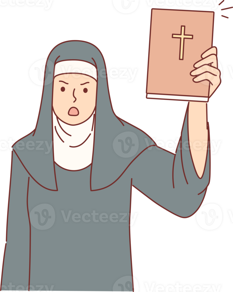 Woman nun from church shows holy bible in shock and swears because of violations of rules of conduct in christian temple. Evil catholic nun calls to avoid committing mortal sins or to repent png