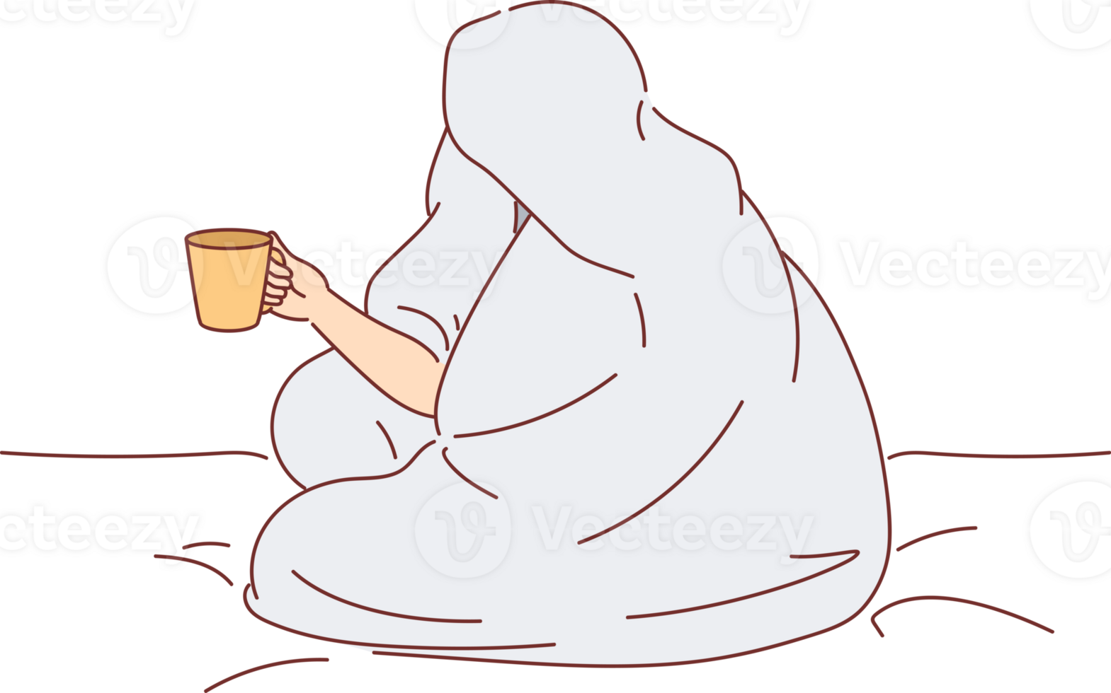 Man drinks coffee sitting on bed and wrapped in blanket to warm up after walk along winter street. Cup of hot coffee in hands of human enjoying comfort and energizing thanks to drink. png