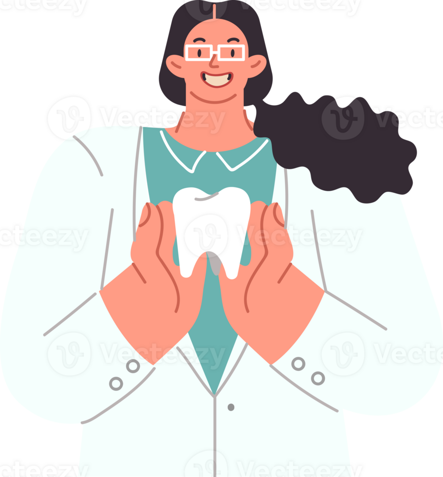 Woman dentist demonstrates large human tooth calling for attention to oral diseases. Girl dentist from private clinic recommends visiting orthodontist to get rid of caries and get beautiful smile png