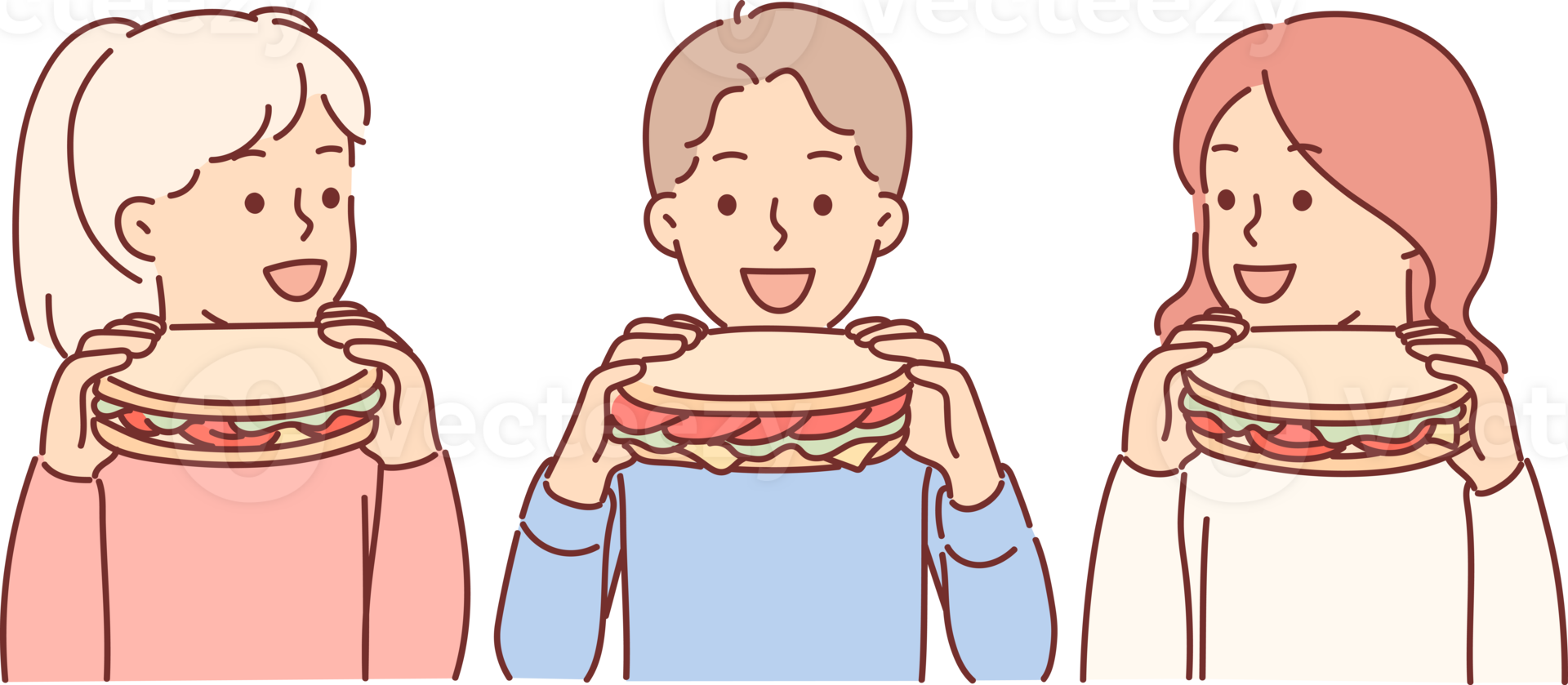 Little children eat sandwiches, satisfying hunger with delicious snack bought at fast food restaurant. Appetite sandwiches in hands of boys and girls having lunch in school canteen. png