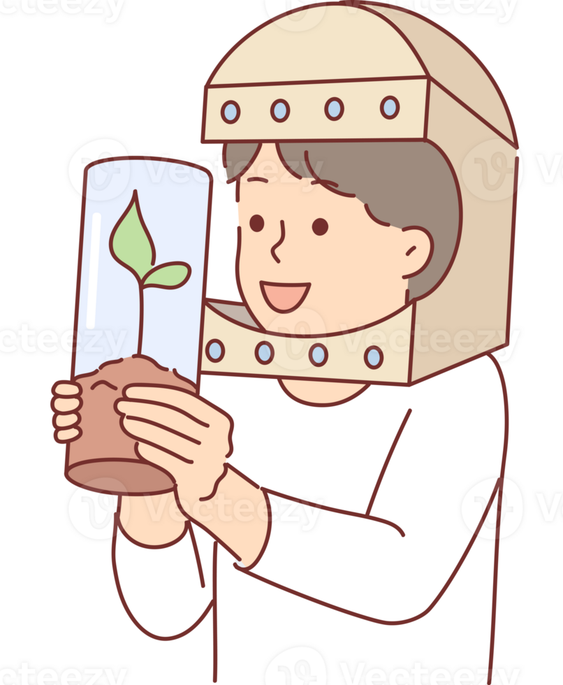 Astronaut boy holds tree in test tube and dreams of growing plants flying into space. Child playing astronaut and cosmic traveler, for concept of searching for vegetation outside of planet earth png