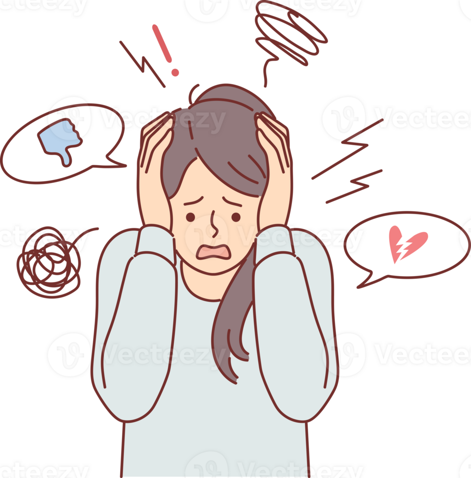 Woman suffers from digital addiction or cyberbullying and screams, clutching head after receiving dislike or bad comment. Problem of cyberbullying in adolescents causing stress and depression png