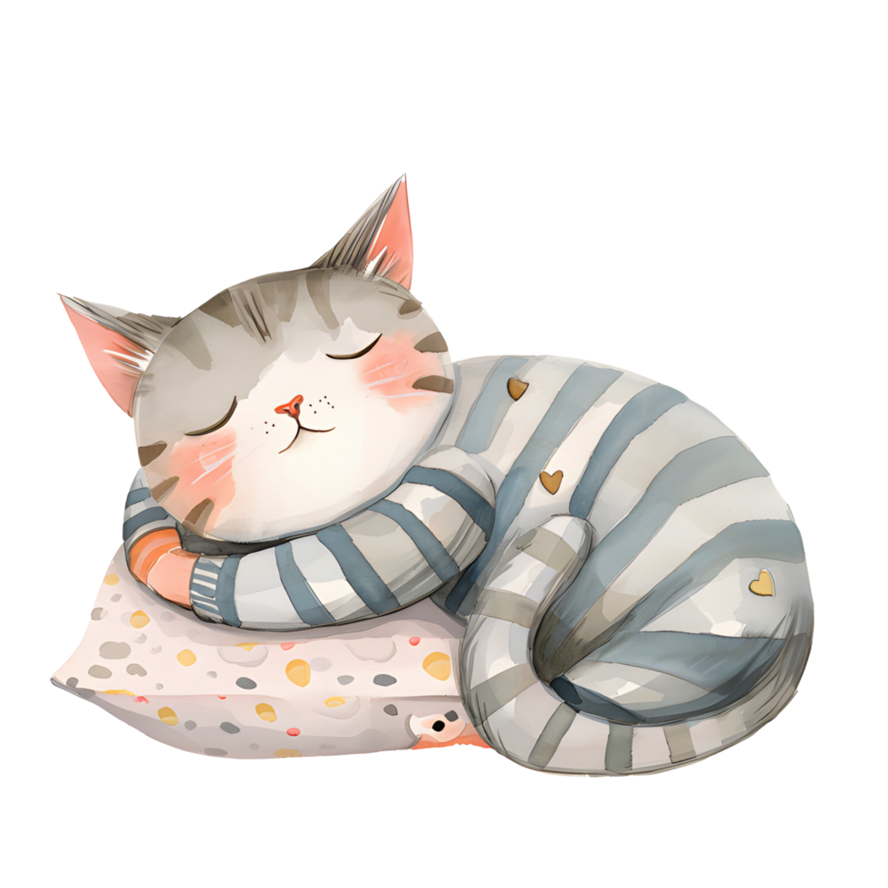 AI generated A charming watercolor illustration featuring a snug cat adorned in pajamas, peacefully curled up for a nap, creating a heartwarming and cozy scene. png