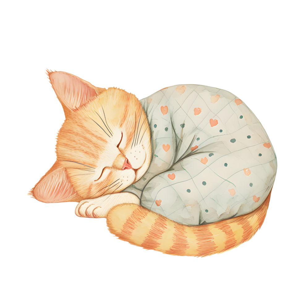 AI generated A charming watercolor illustration featuring a snug cat adorned in pajamas, peacefully curled up for a nap, creating a heartwarming and cozy scene. png