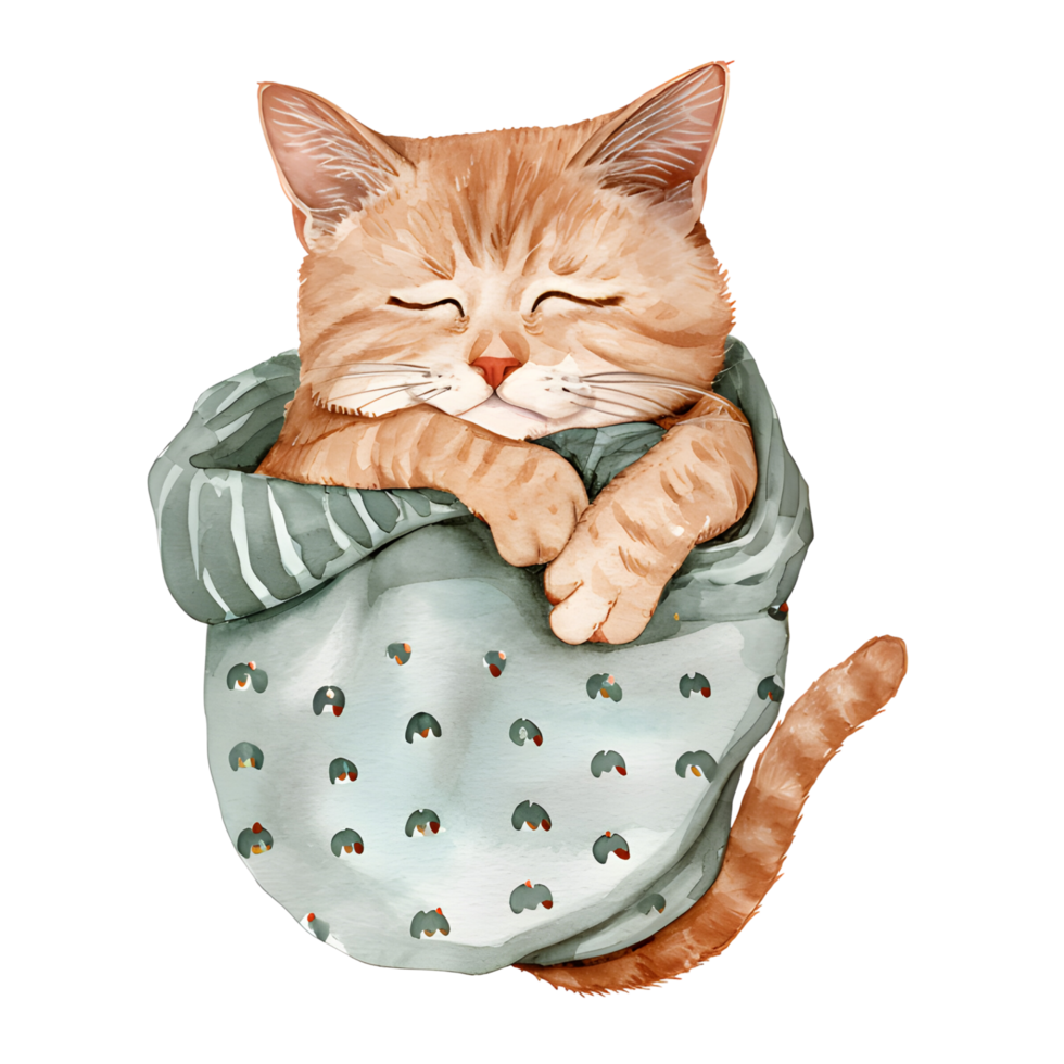 AI generated A charming watercolor illustration featuring a snug cat adorned in pajamas, peacefully curled up for a nap, creating a heartwarming and cozy scene. png