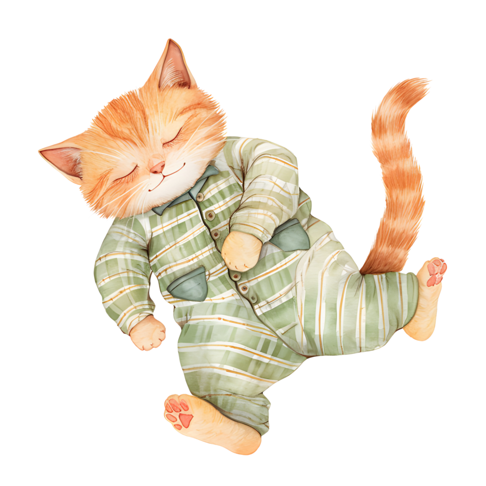 AI generated A charming watercolor illustration featuring a snug cat adorned in pajamas, peacefully curled up for a nap, creating a heartwarming and cozy scene. png
