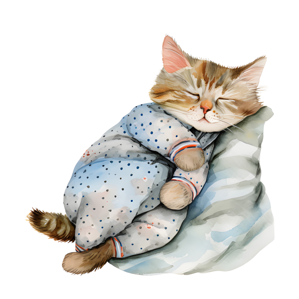 AI generated A charming watercolor illustration featuring a snug cat adorned in pajamas, peacefully curled up for a nap, creating a heartwarming and cozy scene. png