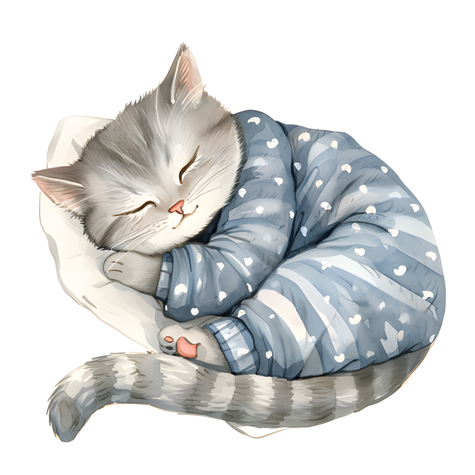 AI generated A charming watercolor illustration featuring a snug cat adorned in pajamas, peacefully curled up for a nap, creating a heartwarming and cozy scene. png