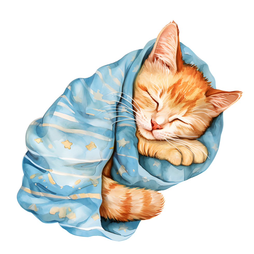 AI generated A charming watercolor illustration featuring a snug cat adorned in pajamas, peacefully curled up for a nap, creating a heartwarming and cozy scene. png