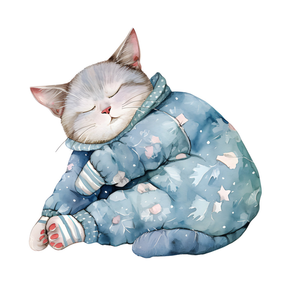 AI generated A charming watercolor illustration featuring a snug cat adorned in pajamas peacefully curled up for a nap creating a heartwarming and cozy scene. 38108623 PNG