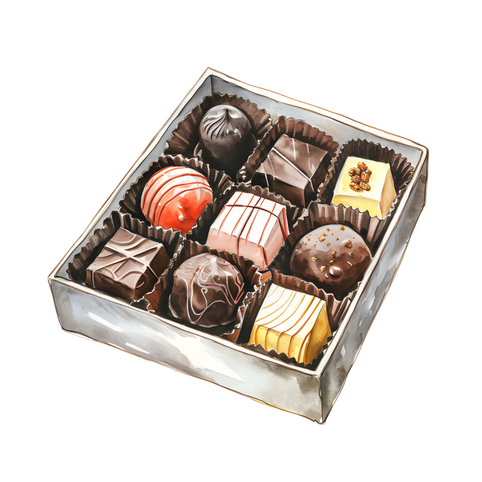 AI generated A lavish Valentine's chocolate box filled with rich, assorted treats, adorned with elegant ribbons and hearts, offering indulgence and sweetness for a romantic celebration. png