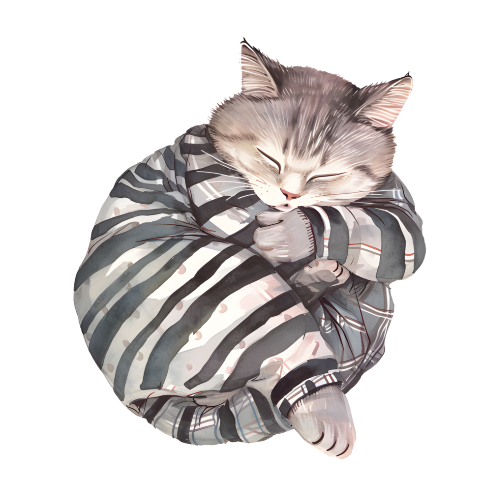AI generated A charming watercolor illustration featuring a snug cat adorned in pajamas, peacefully curled up for a nap, creating a heartwarming and cozy scene. png
