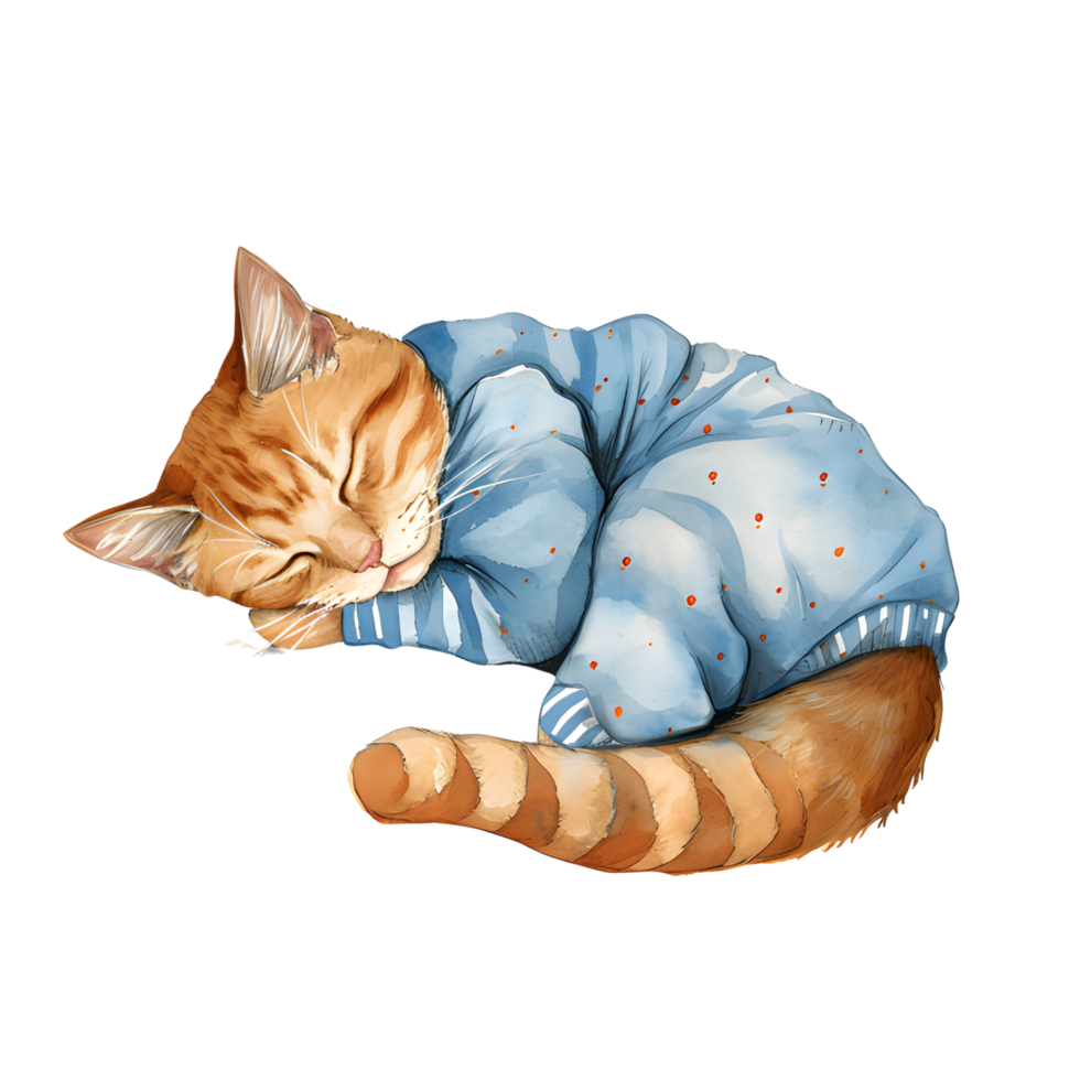 AI generated A charming watercolor illustration featuring a snug cat adorned in pajamas, peacefully curled up for a nap, creating a heartwarming and cozy scene. png