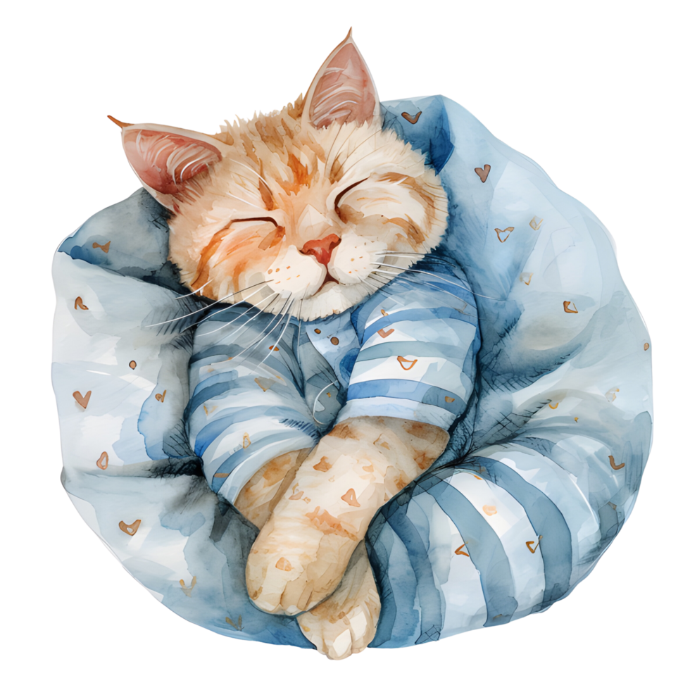AI generated A charming watercolor illustration featuring a snug cat adorned in pajamas, peacefully curled up for a nap, creating a heartwarming and cozy scene. png