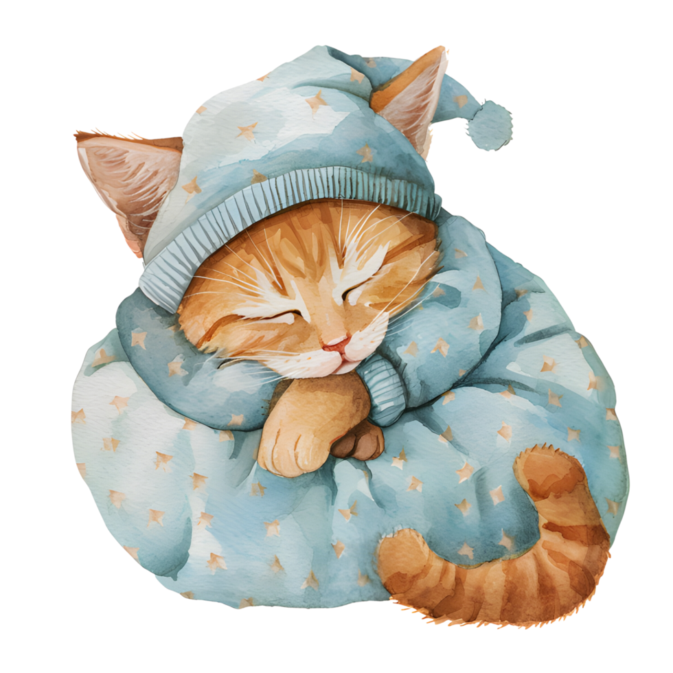 AI generated A charming watercolor illustration featuring a snug cat adorned in pajamas, peacefully curled up for a nap, creating a heartwarming and cozy scene. png
