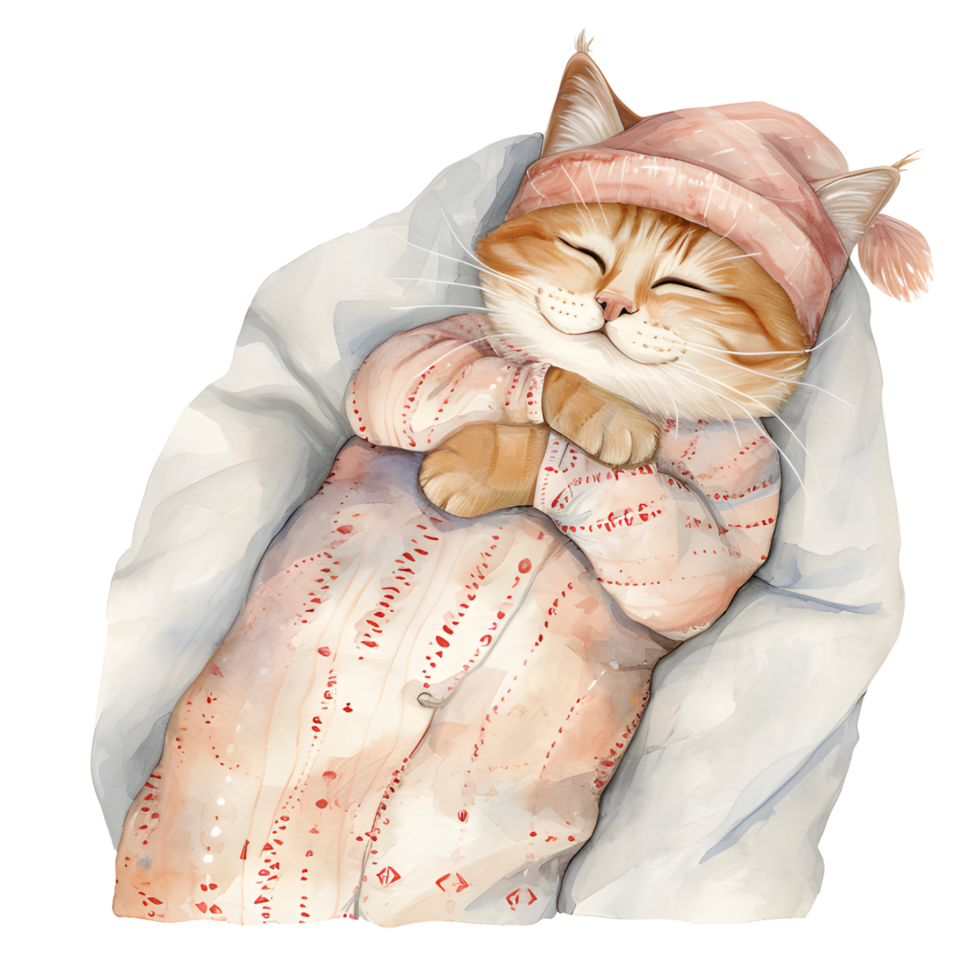 AI generated A charming watercolor illustration featuring a snug cat adorned in pajamas, peacefully curled up for a nap, creating a heartwarming and cozy scene. png