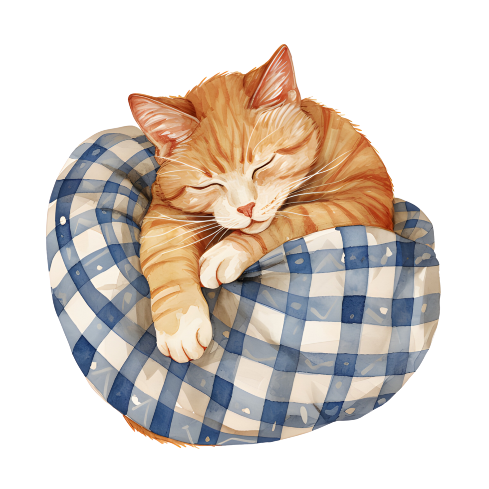 ai gegenereerd een charmant waterverf illustratie met een knus kat versierd in pyjama, vredig gekruld omhoog voor een dutje, creëren een hartverwarmend en knus tafereel. png