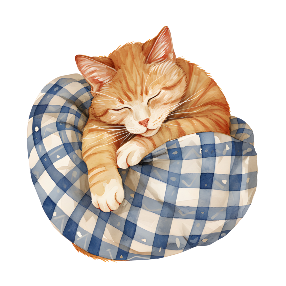 AI generated A charming watercolor illustration featuring a snug cat adorned in pajamas, peacefully curled up for a nap, creating a heartwarming and cozy scene. png
