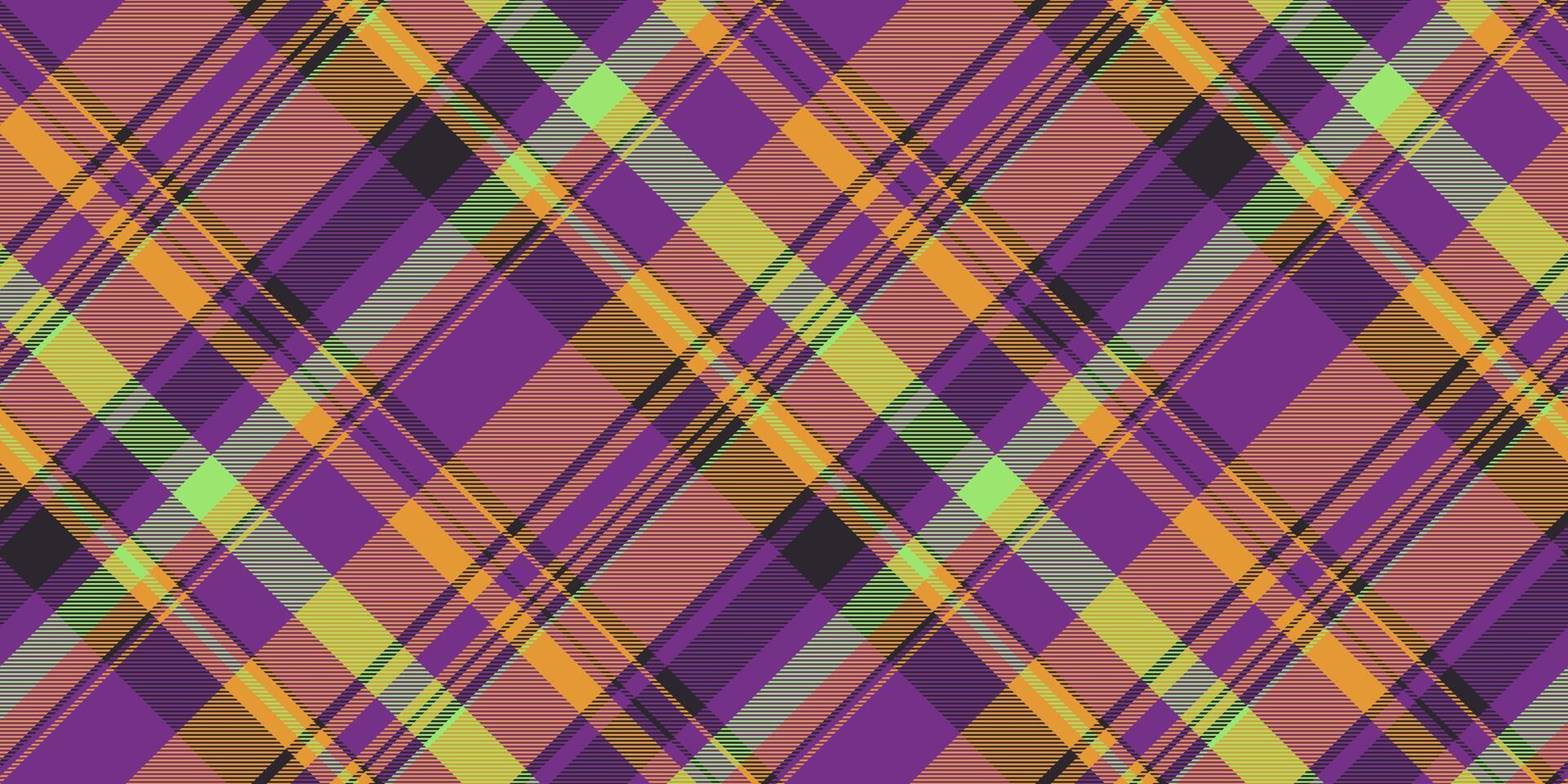 Strip check pattern textile, school texture tartan seamless. Abstract plaid vector background fabric in purple and orange colors.