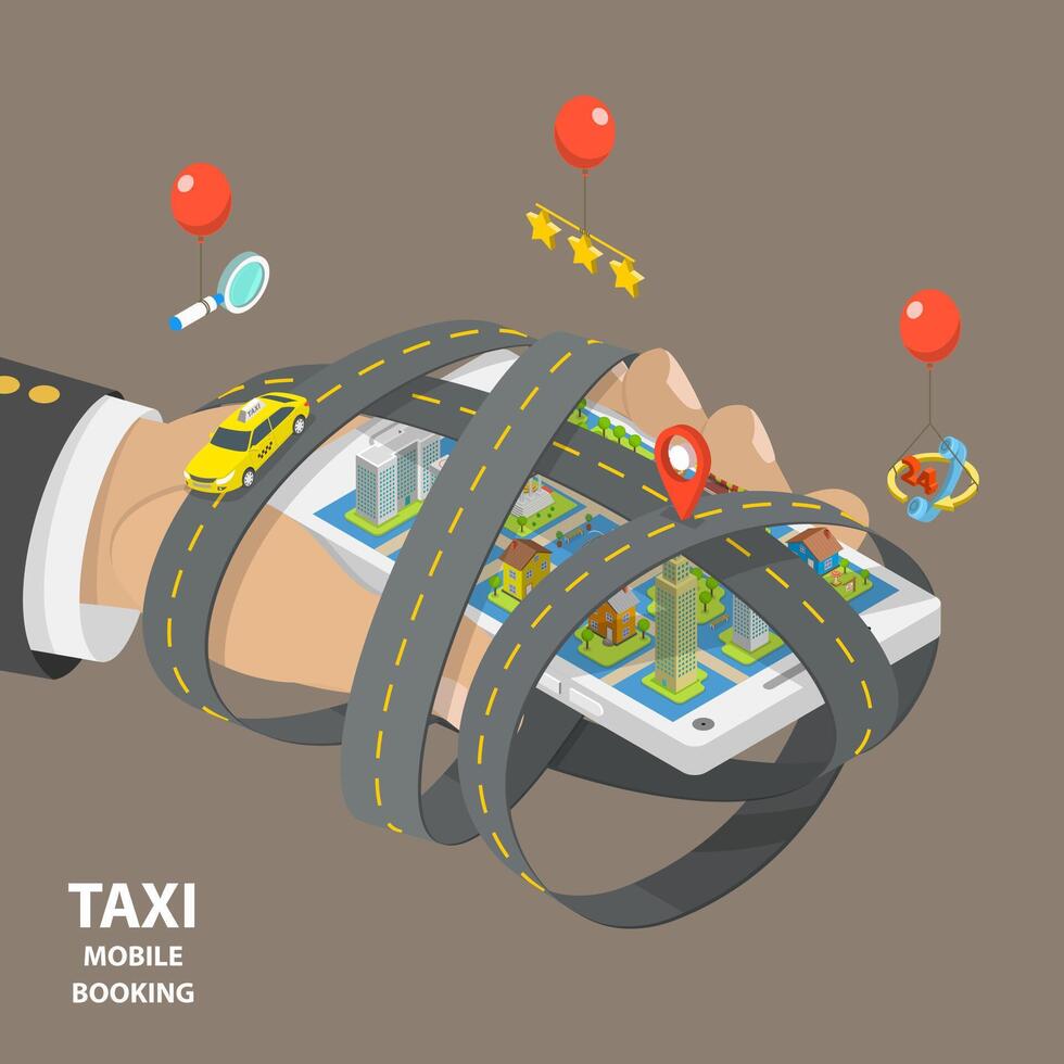 Mobile taxi booking flat isometric low poly vector concept.