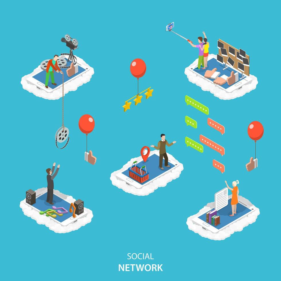 Social network isometric flat vector illustration.