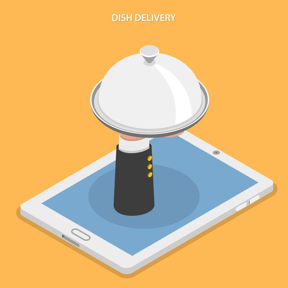 Dish delivery flat isometric vector illustration.