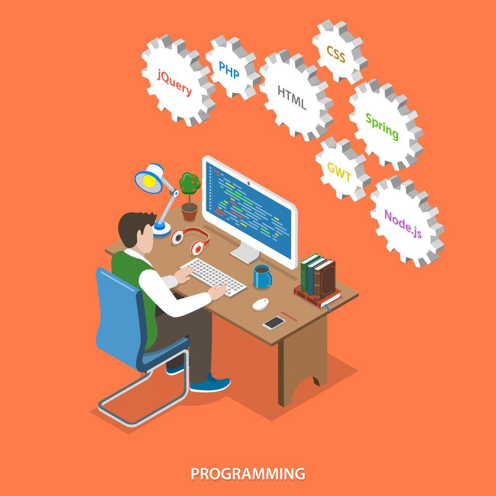 Programming flat isometric vector concept.