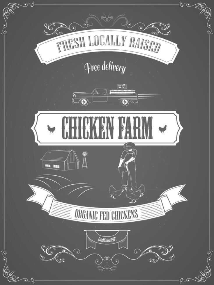 Chicken Farm Vintage Advertisement Vector Poster.