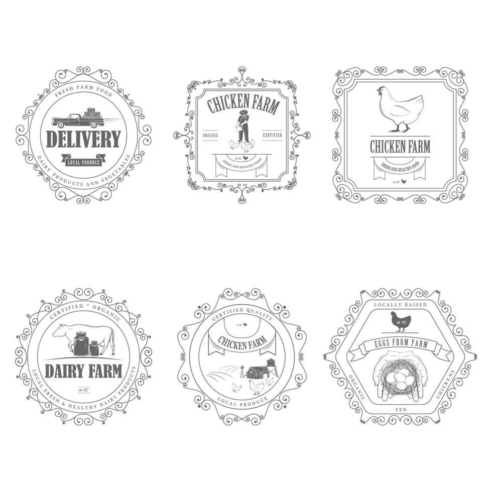 granja productos insignias con ornamento. vector