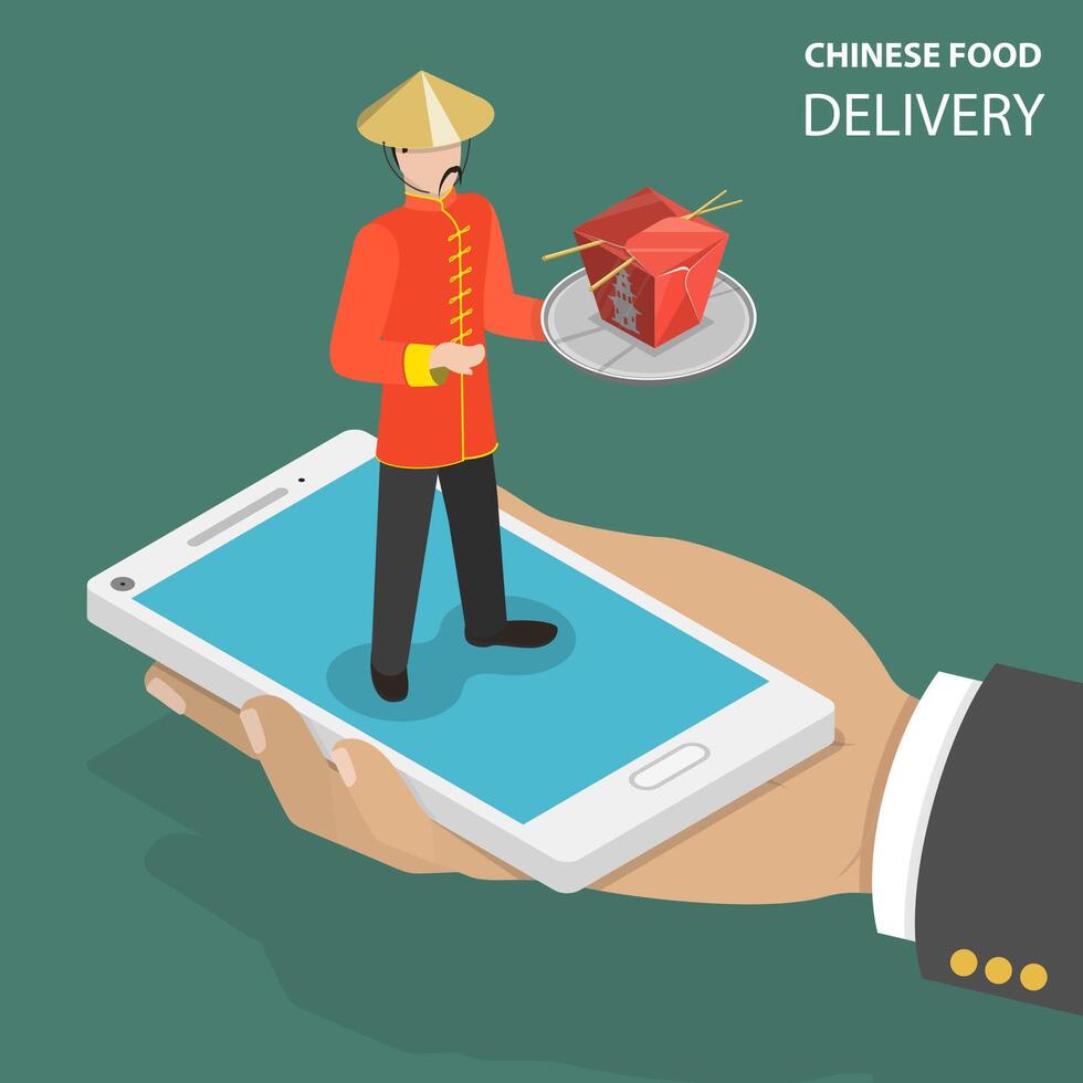 Chinese food online order flat isometric low poly vector concept.