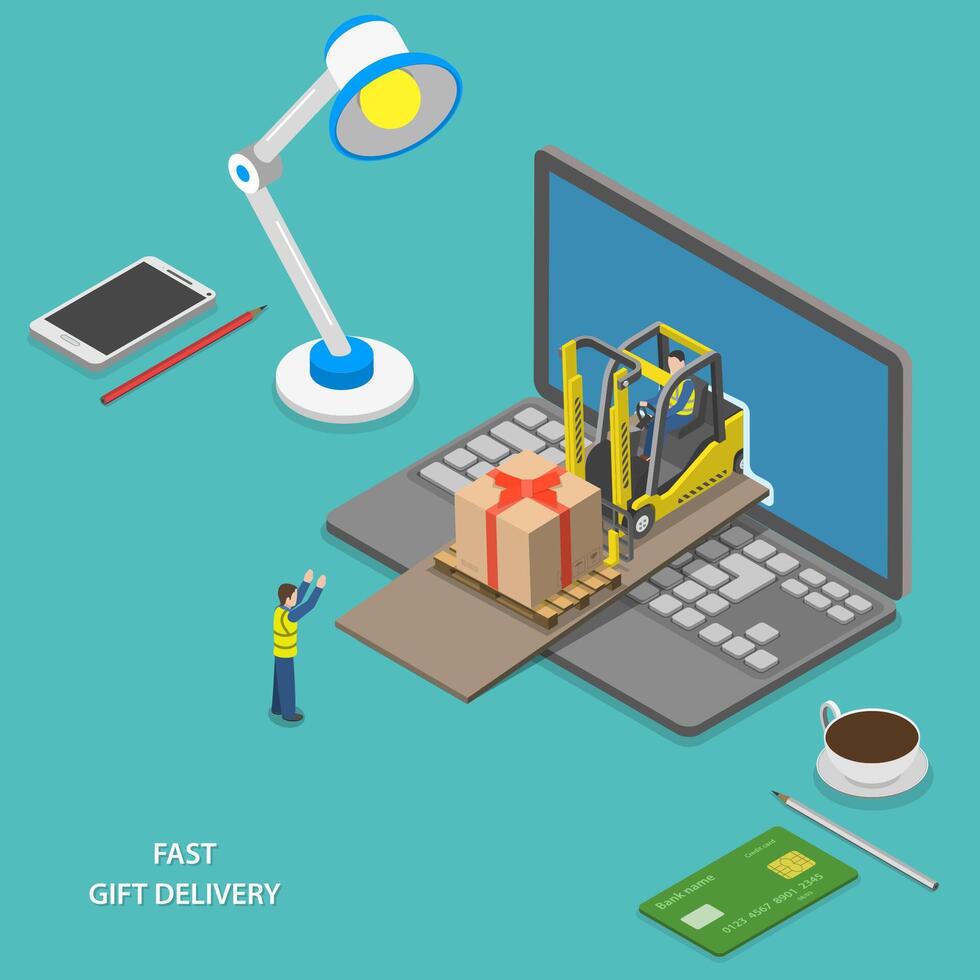 Fast gift delivery isometric vector illustration.