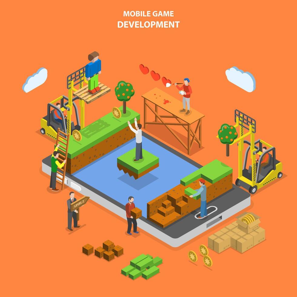 Mobile game development flat isometric vector. vector