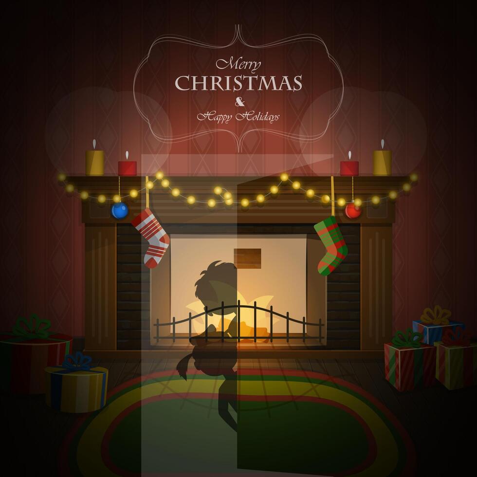 Christmas decorated fireplace vector illustration.