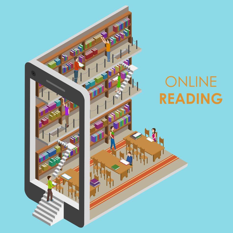 Online Reading Conceptual Isometric Illustration. vector