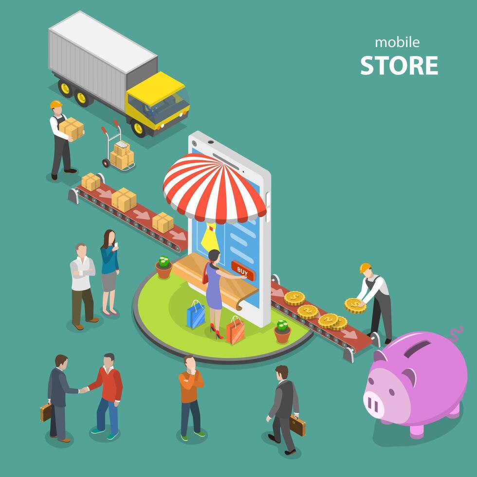 Mobile store flat isometric low poly vector concept.