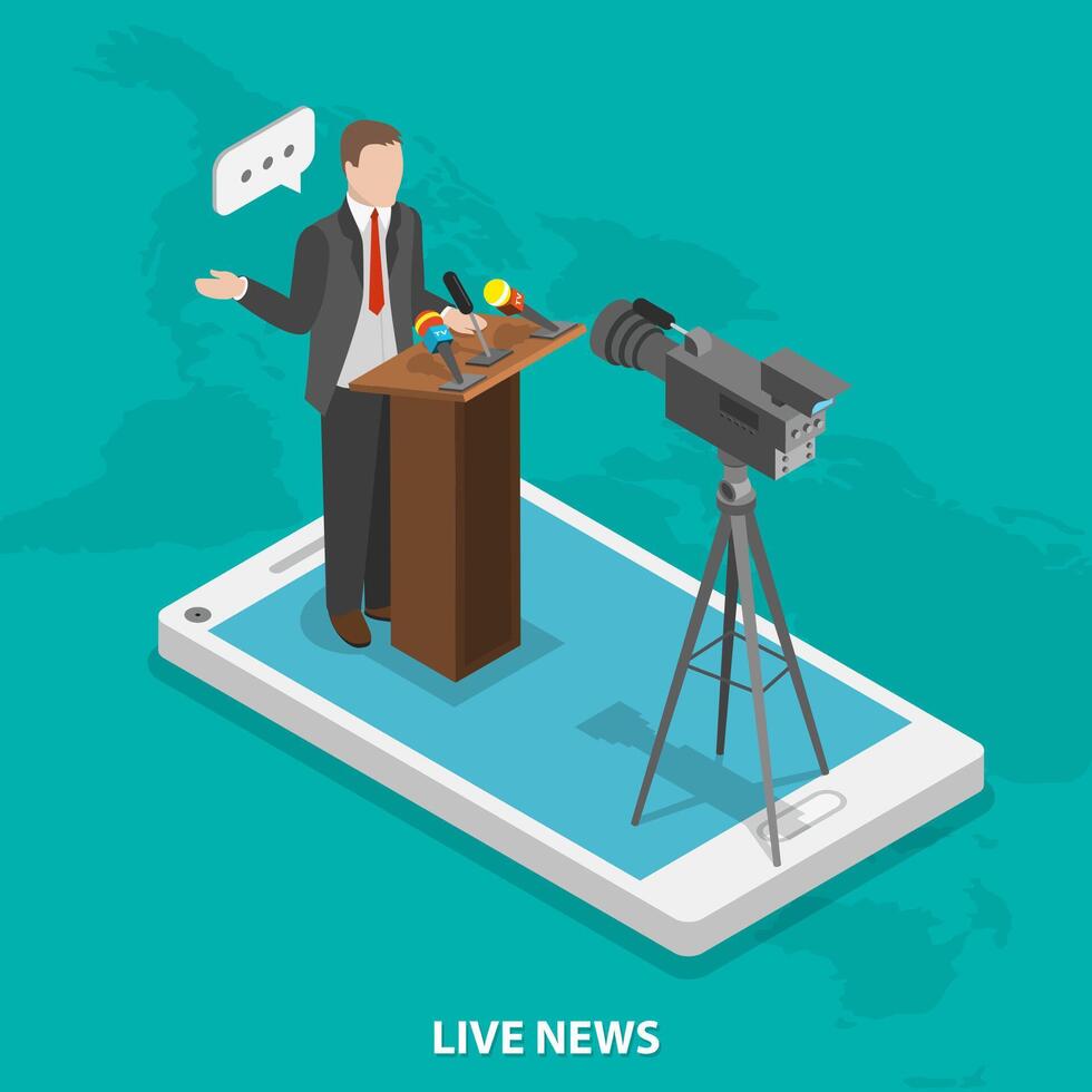 Live news flat isometric vector concept.