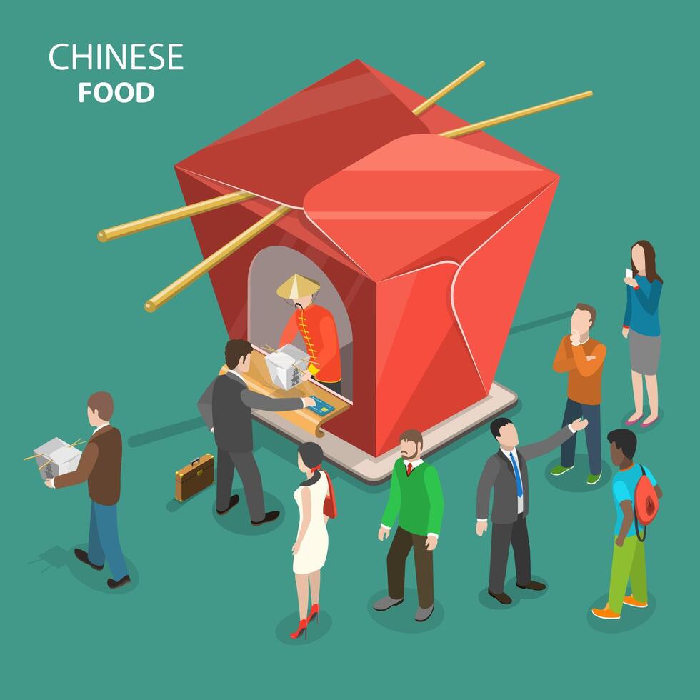 chino comida plano isométrica bajo escuela politécnica vector concepto.