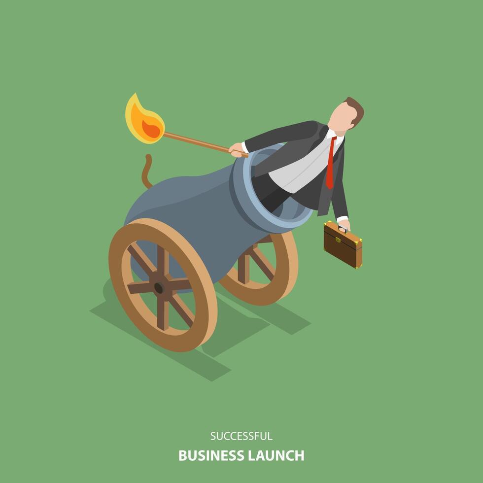 Successful business launch vector flat isometric illustration.