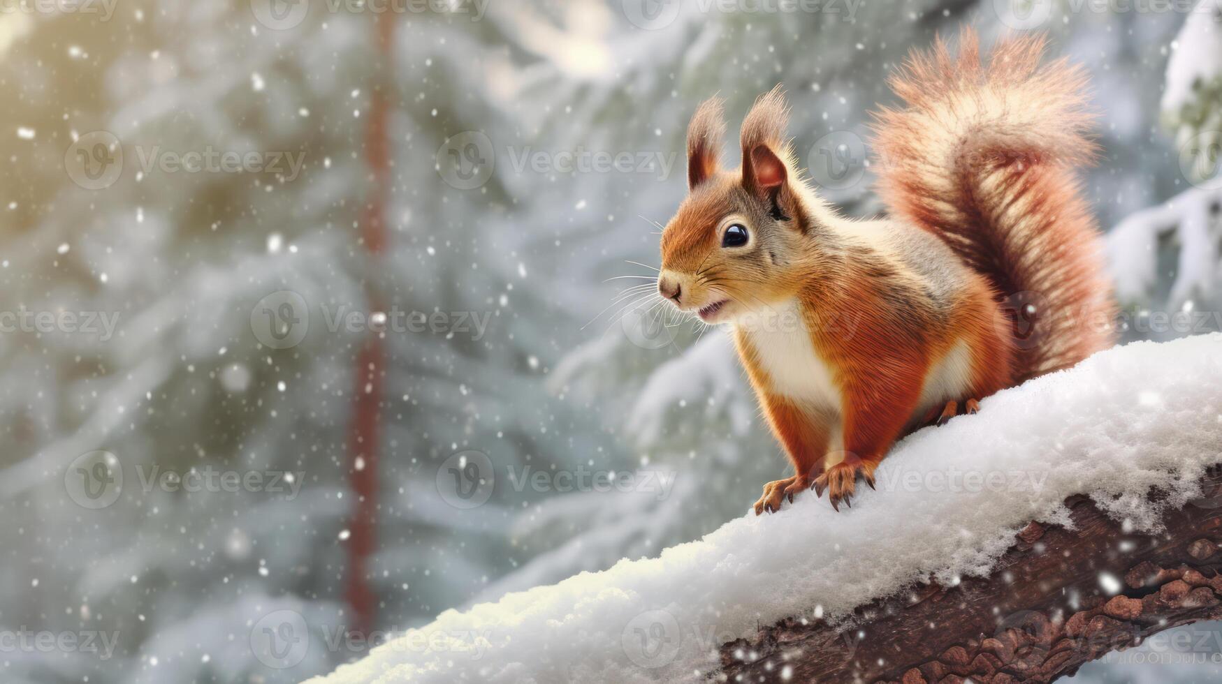 AI generated A curious red squirrel perches on a snow laden branch in a serene winter forest, its fluffy tail and bright eyes highlight its enchanting presence amidst falling snowflakes photo