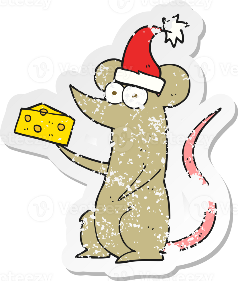 retro distressed sticker of a cartoon christmas mouse with cheese png