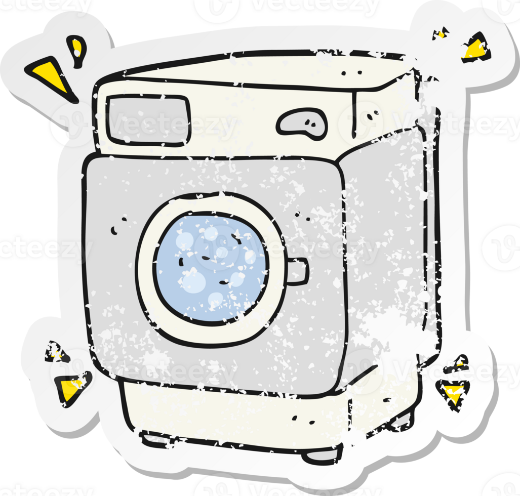 retro distressed sticker of a cartoon rumbling washing machine png