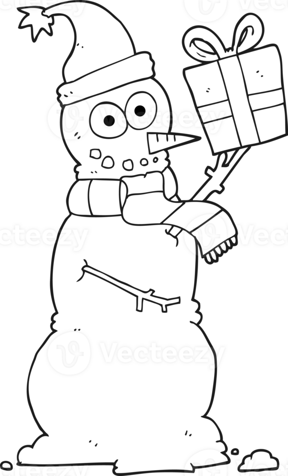 black and white cartoon snowman holding present png