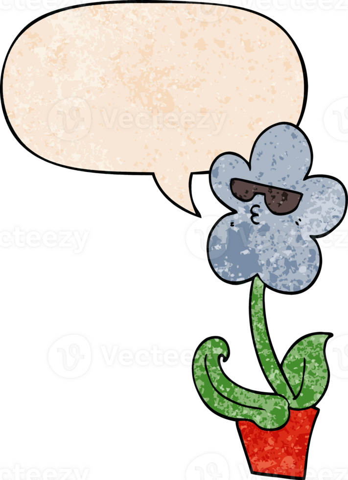 cool cartoon flower and speech bubble in retro texture style png